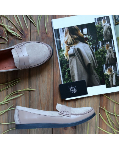 Мокасины из темно-бежевой кожи в сочетании с бежевой замшей Арт. 05-10(Am4)