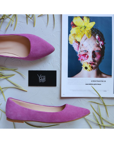 Балетки из замши розового цвета с узким носом Арт.17-2