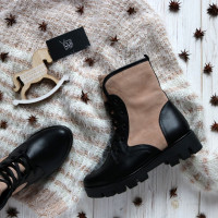 Ботинки из черной кожи с бежевыми вставками со шнуровкой на тракторной подошве Арт. 12-6F(S2)