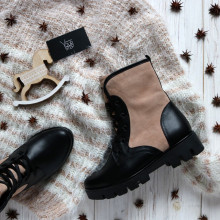 Ботинки из черной кожи с бежевыми вставками со шнуровкой на тракторной подошве Арт. 12-6F(S2)