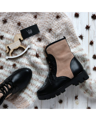 Ботинки из черной кожи с бежевыми вставками со шнуровкой на тракторной подошве Арт. 12-6F(S2)