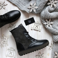Ботинки из черной кожи с серыми замшевыми вставками 12-6(Ls6)