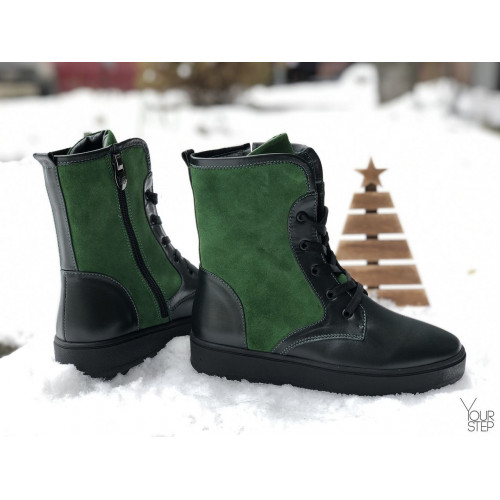Ботинки из темно-зеленой кожи с ярко-зелеными вставками 12-6(Ls6)