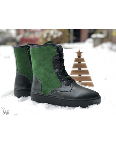 Ботинки из темно-зеленой кожи с ярко-зелеными вставками 12-6(Ls6)