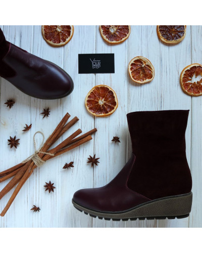 Ботинки на танкетке из натуральной кожи и замши бордового цвета Арт. 30-4(Ir3)