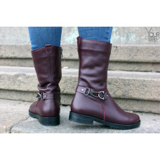 Ботинки из бордовой кожи с декоративным ремешком Арт. 12-22V