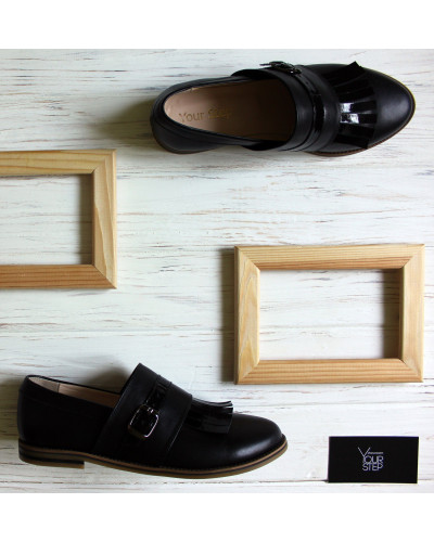 Туфлі з чорної шкіри з бахромою Арт. 05-14