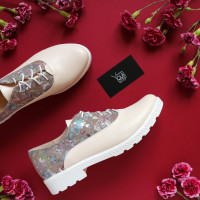 Туфли из бежевой кожи с цветочным принтом Арт. 05-6/129