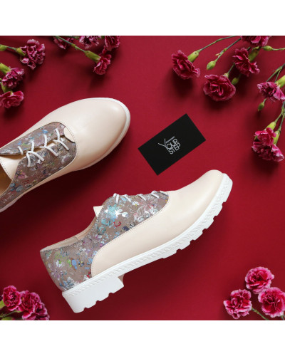 Туфли из бежевой кожи с цветочным принтом Арт. 05-6/129