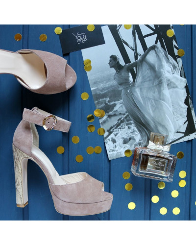 Босоножки на высоком каблуке из велюра цвета капучино с принтовым каблуком Арт.: 951-6Kr