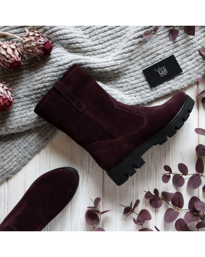 Полусапоги из замши цвета баклажан на тракторной подошве Арт. 12-2(S2)