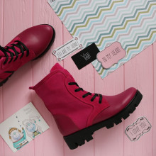 Ботинки из кожи и замши цвета фуксии со шнуровкой на тракторной подошве Арт. 12-6(S2)