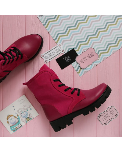 Ботинки из кожи и замши цвета фуксии со шнуровкой на тракторной подошве Арт. 12-6(S2)