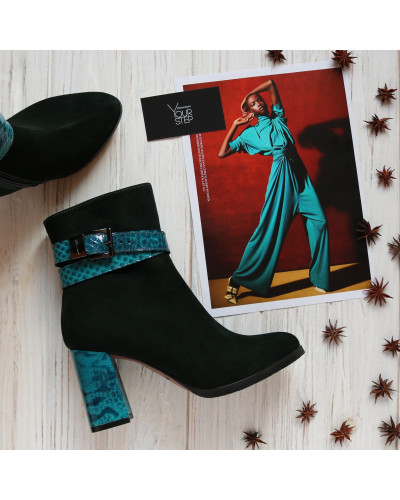 Ботильоны из зеленого велюра с лаковым змеиным ремешком и каблуком Арт. 52-3Ок-53738