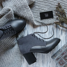 Ботильоны из кожи и замши темно-серого цвета на устойчивом каблуке Арт. 605-8Alf