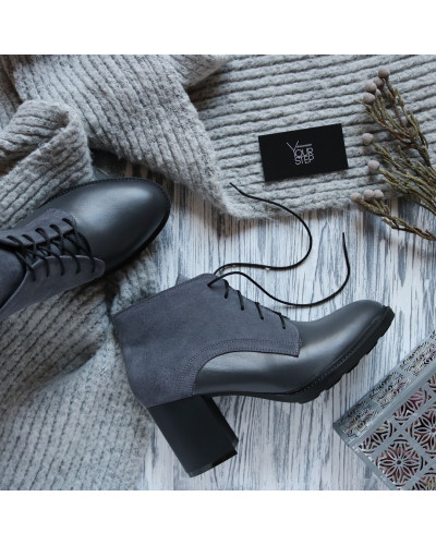 Ботильоны из кожи и замши темно-серого цвета на устойчивом каблуке Арт. 605-8Alf