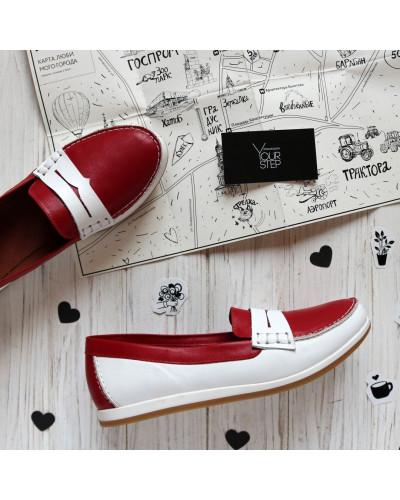 Мокасины из белой кожи с красными вставками Арт. 05-10(Am4)