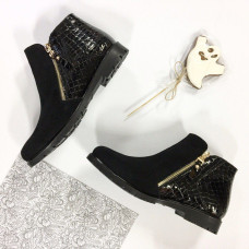 Ботинки из замши и лаковой кожи под рептилию черного цвета со змейками Арт. 235-2(М6)