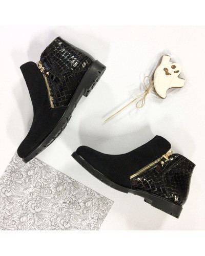 Ботинки из замши и лаковой кожи под рептилию черного цвета со змейками Арт. 235-2(М6)