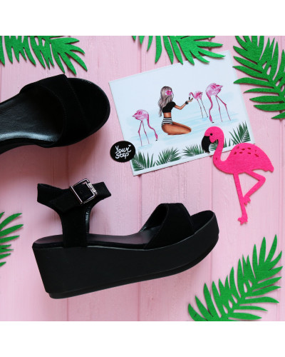 Босоніжки з чорної замші на танкетці Арт. 352-2