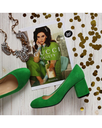 Туфли из ярко-зеленого велюра на низком каблуке Арт. 605-4/45Ок