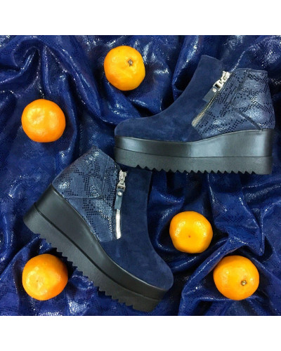 Ботинки из синей замши с принтовой пяткой на высокой подошве Арт. 235-2