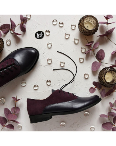 Туфли на низком ходу из кожи и замши цвета баклажан Арт. 05-6(Mar4)