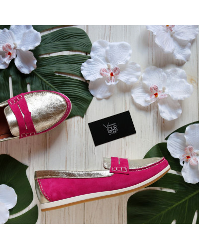 Мокасины из замши цвета фуксии с золотыми вставками Арт. 05-10(Am4)