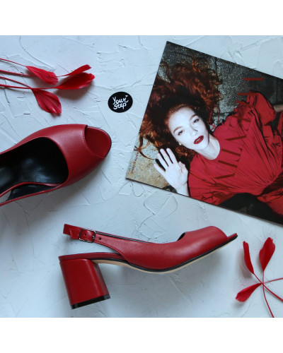 Босоніжки з червоної шкіри на підборах Арт. 605-9/47Ок