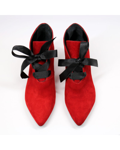 Ботильоны с лентами из красного велюра на шпильке Арт. 657-8/36Rb