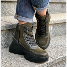 Ботинки со шнуровкой из замши и кожи цвета хаки  Арт. As-5/21968