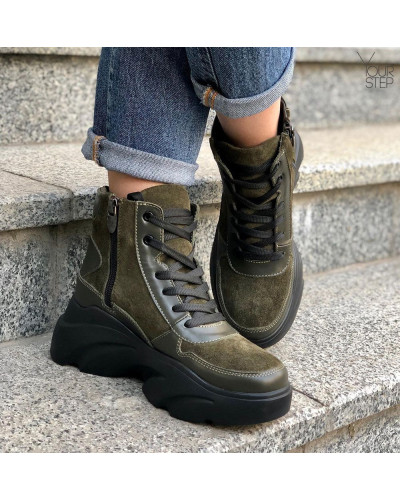 Ботинки со шнуровкой из замши и кожи цвета хаки  Арт. As-5/21968