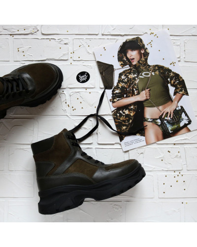 Ботинки со шнуровкой из замши и кожи цвета хаки  Арт. As-5/247