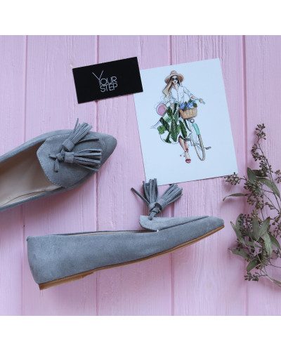 Замшевые балетки серого цвета с кистями (Арт. 17-7К)