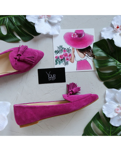 Яркие замшевые балетки с кистями в цвете фуксия (Арт.17-7К)