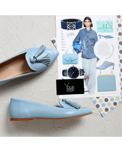 Кожаные балетки голубого цвета с кистями (Арт. 17-7К)