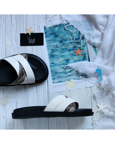 Шльопанці з бежевої шкіри зі вставкою Арт. 008-1/21067