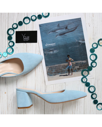 Мюли из бледно-голубой замши на обтяжном каблуке с острым носиком Арт. 657-16/47Ok