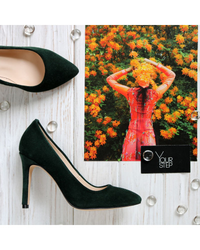 Туфлі-човники з темно-зеленої замші Арт. 35-1/60Ок