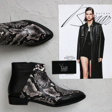 Ботинки из черной кожи и нубука бежево-черного цвета под питон с острым носиком Арт. 104-2