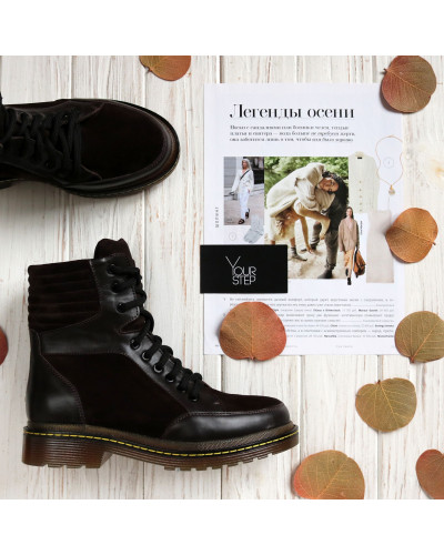 Ботинки со шнуровкой из кожи и замши цвета шоколад  Арт. 05-12/(As11)