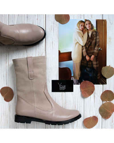 Полусапоги из темно-бежевой кожи и велюра оттенка капучино Арт.12-2(М6)