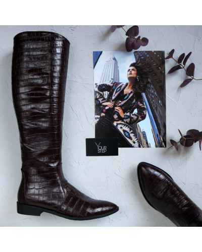 Високі чоботи із бордової шкіри під рептилію Арт. 104-5