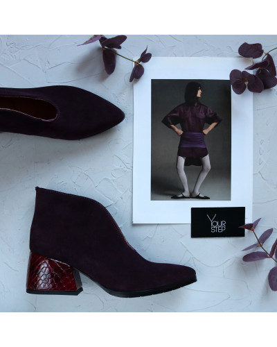 Ботильоны с глубоким вырезом из замши цвета баклажан на обтяжном каблуке Арт. 657-6/w324Ок