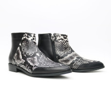 Ботинки из черной кожи и нубука бежево-черного цвета под питон с острым носиком Арт. 104-2