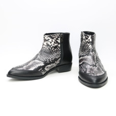 Ботинки из черной кожи и нубука бежево-черного цвета под питон с острым носиком Арт. 104-2