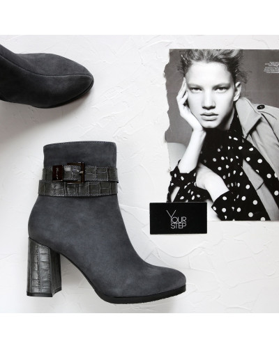 Ботильоны из серого велюра с ремешком и каблуком под рептилию Арт. 52-3Ок-53738