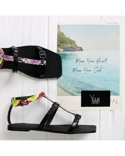 Босоніжки з чорної шкіри та рептилії Арт. 073-4