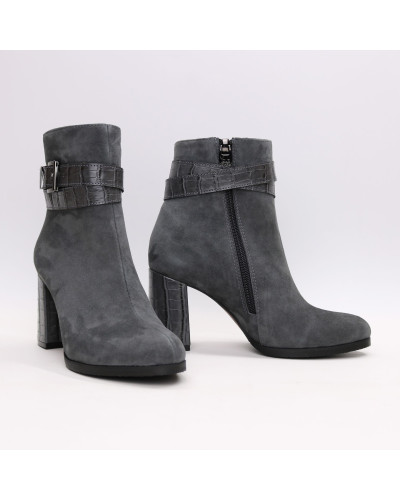 Ботильоны из серого велюра с ремешком и каблуком под рептилию Арт. 52-3Ок-53738