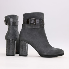 Ботильоны из серого велюра с ремешком и каблуком под рептилию Арт. 52-3Ок-53738